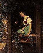 Johan Christoffer Boklund Ung kvinna i fonster med stickning och katt oil on canvas